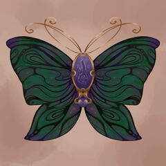 A butterfly with green wings and a purple body, with gold antennae. The arcane rune symbol appears on the body, which looks like a jewel. There are black swirls on the wings.